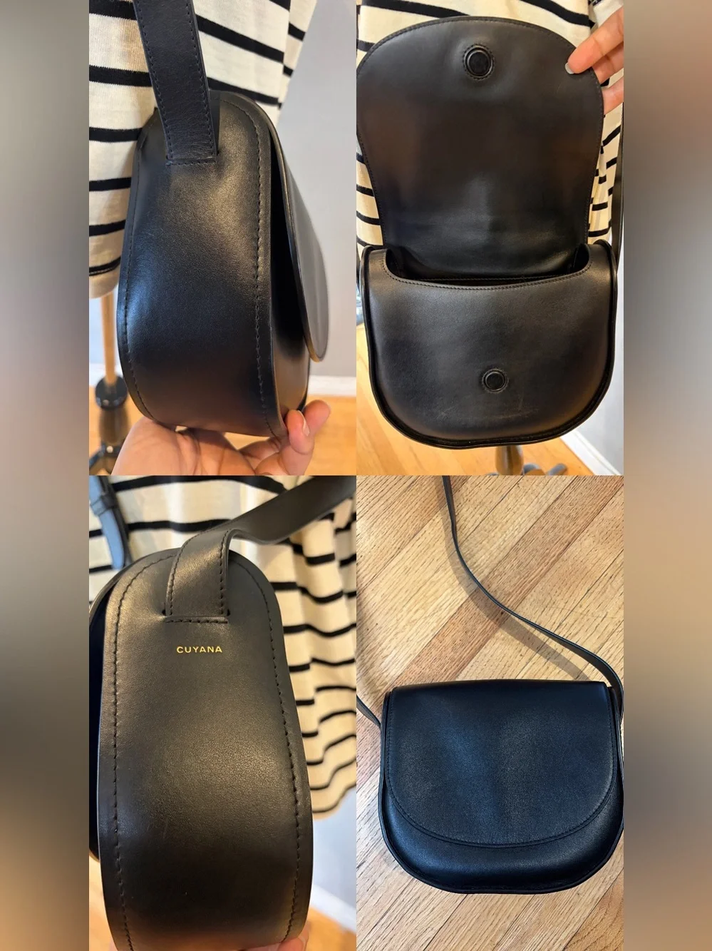 Cuyana Modern Saddle Bag Womens Black Good Leather Crossbody Purse Gold Ring